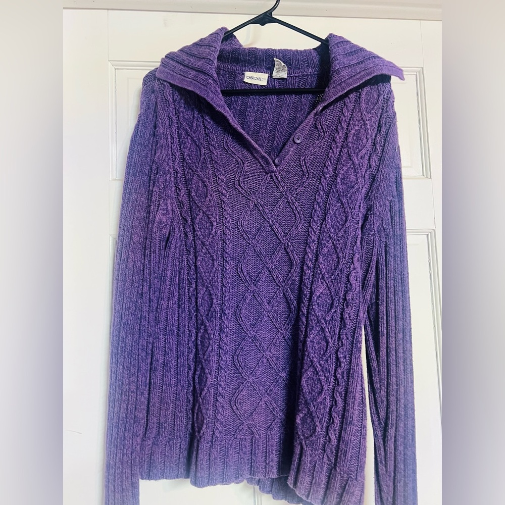 Cherokee Deep Purple Cable Knit Cowl Neck Sweater